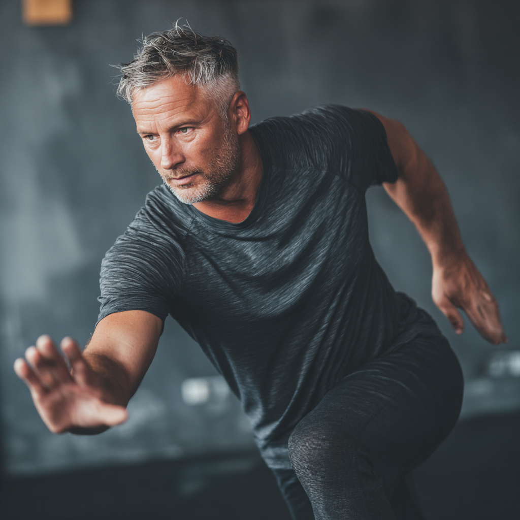 focused middle-aged man demonstrating controlled body movement during functional training session