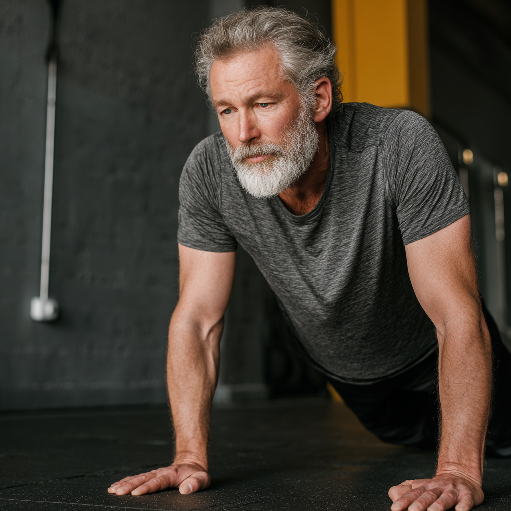 mature man practicing functional movement exercises in minimalist gym setting